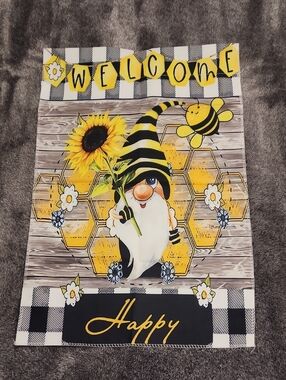 Welcome Bee Gnome Garden Flag - Yellow Black Sunflower Never Used